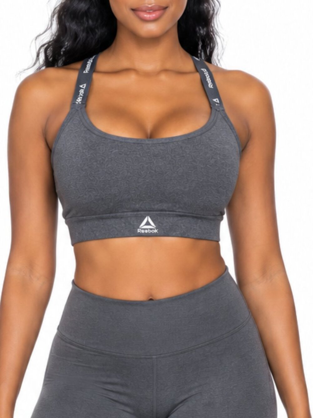 Reebok Gray Athleisure Sports Bra Medium Logo Straps Racerback Gym Workout Top
